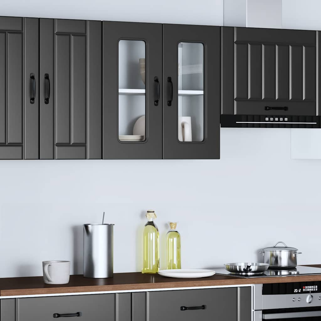 Kitchen Wall Cabinet with Glass Door Kalmar Black Engineered Wood