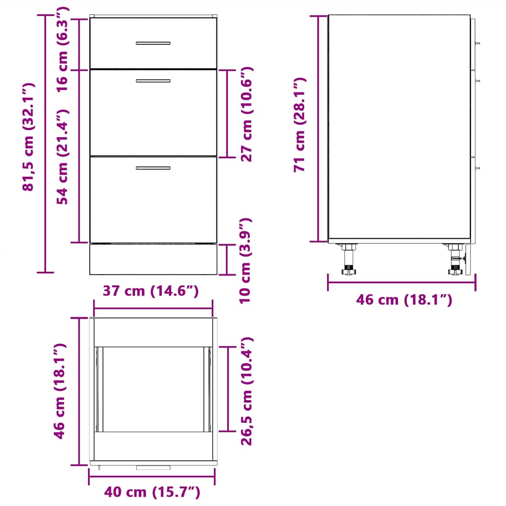 Bottom Cabinet Lyon Black 40x46x81.5 cm Engineered Wood