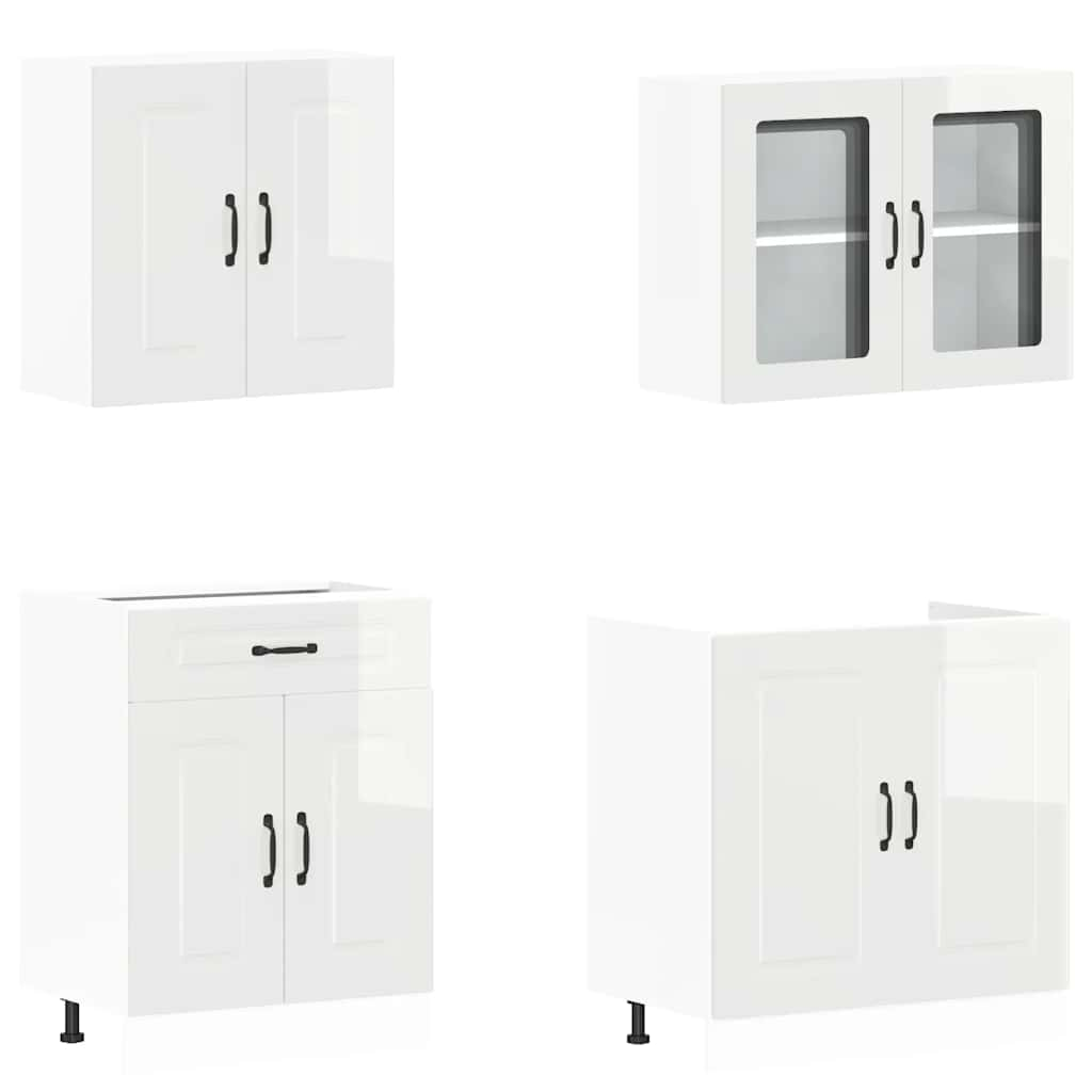 4 Piece Kitchen Cabinet Set Kalmar High Gloss White Engineered Wood