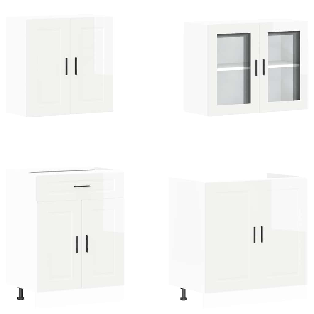 4 Piece Kitchen Cabinet Set Kalmar High Gloss White Engineered Wood