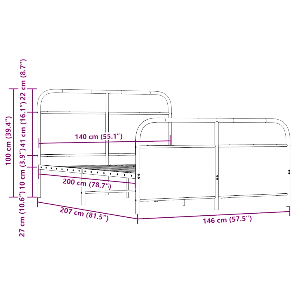 Metal Bed Frame without Mattress Smoked Oak 140x200 cm