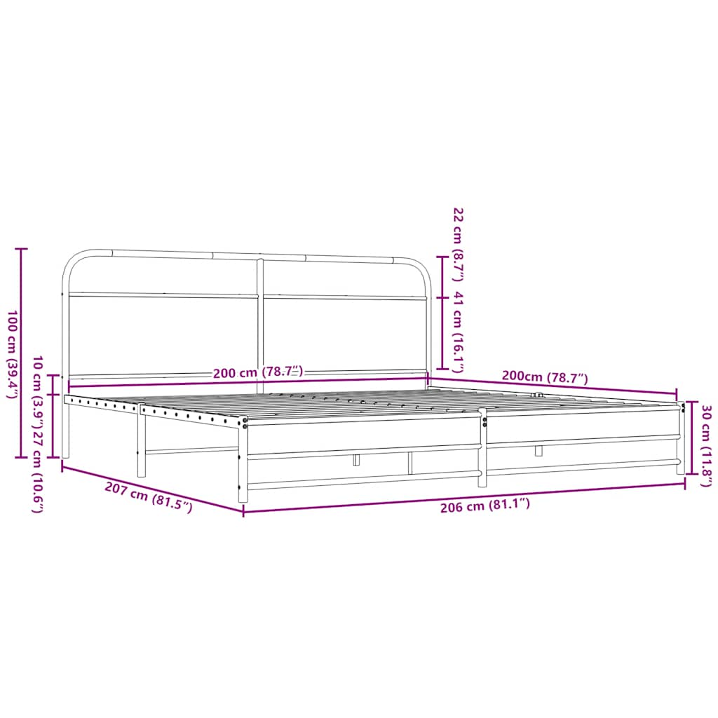 Metal Bed Frame without Mattress Brown Oak 200x200 cm