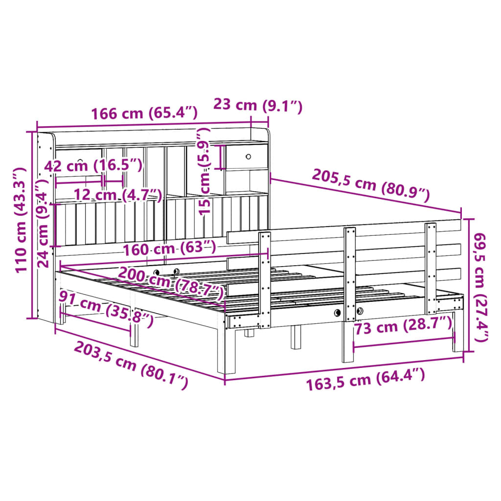 Bookcase Bed without Mattress White 160x200 cm Solid Wood Pine