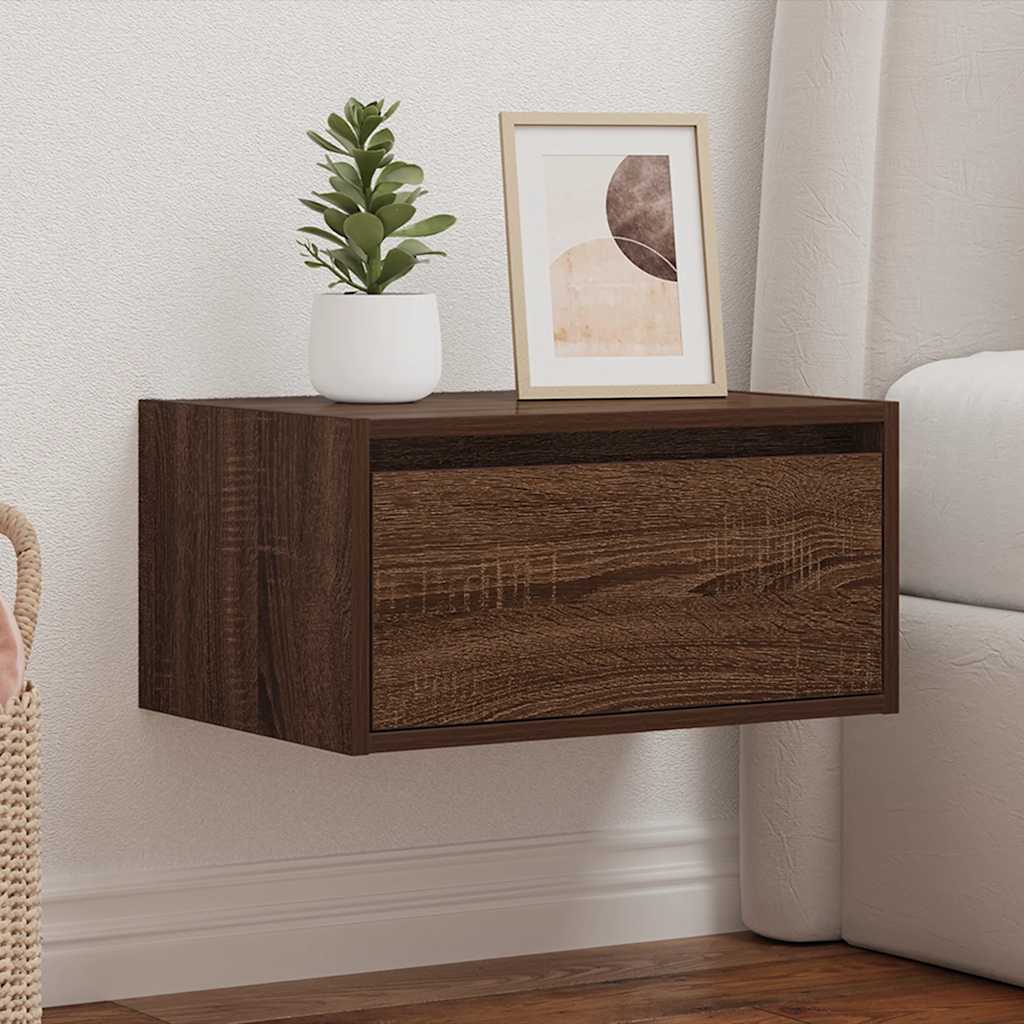 Wall-mounted Bedside Cabinet with LED Lights Brown Oak