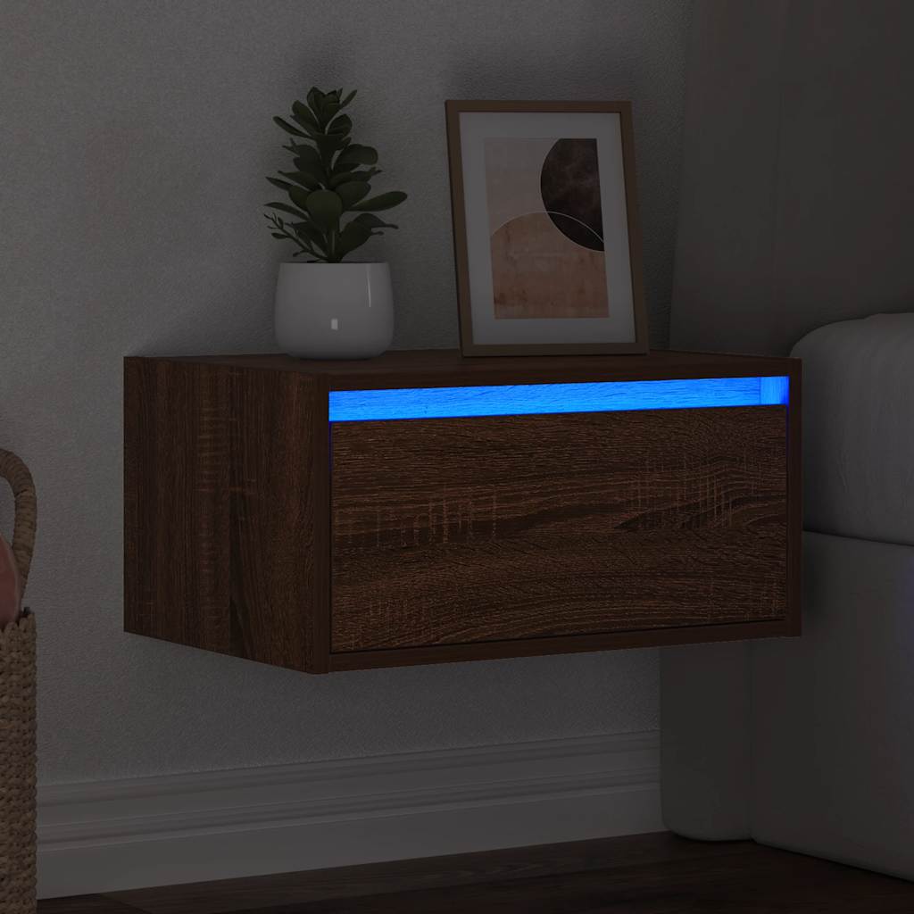 Wall-mounted Bedside Cabinet with LED Lights Brown Oak