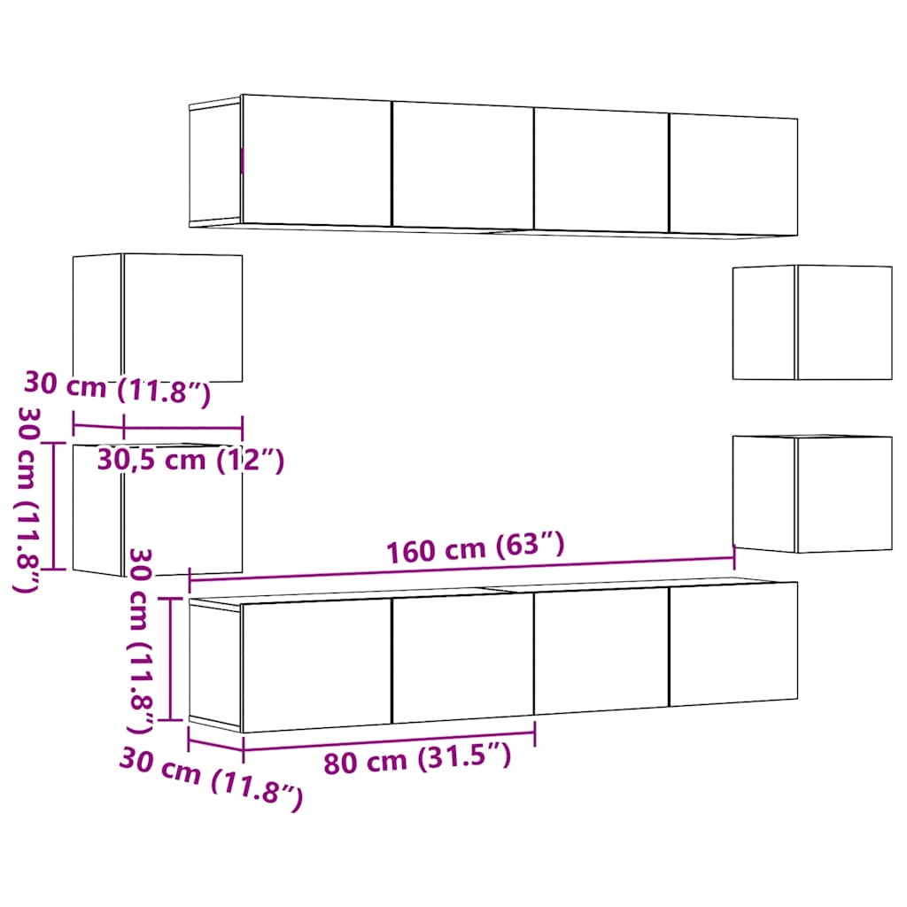 Wall Mounted TV cabinets 8 pcs Old Wood Engineered Wood