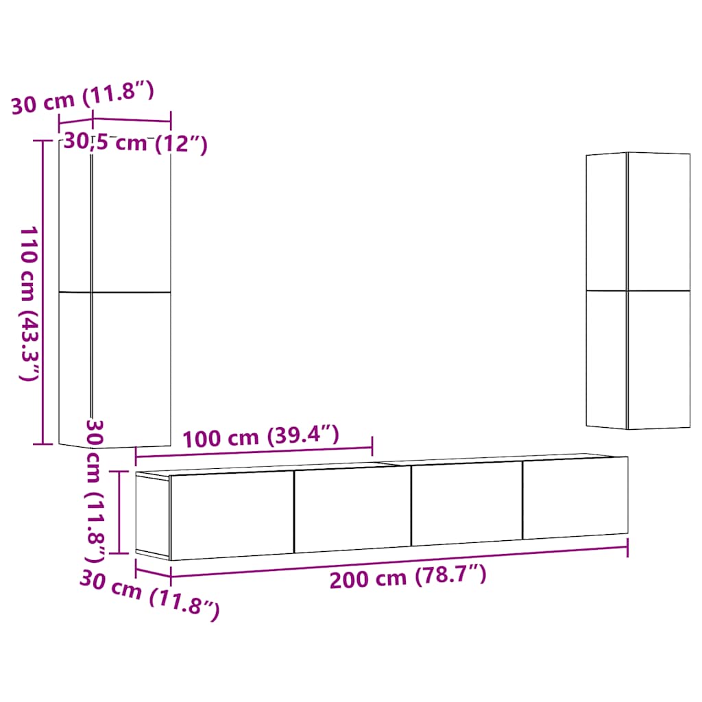 Wall Mounted TV cabinets 4 pcs Old Wood Engineered Wood